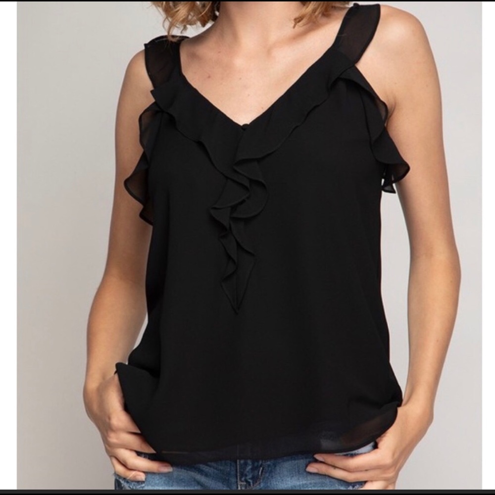 New! Beautiful Black Blouse ruffle tank - Picture 2 of 7